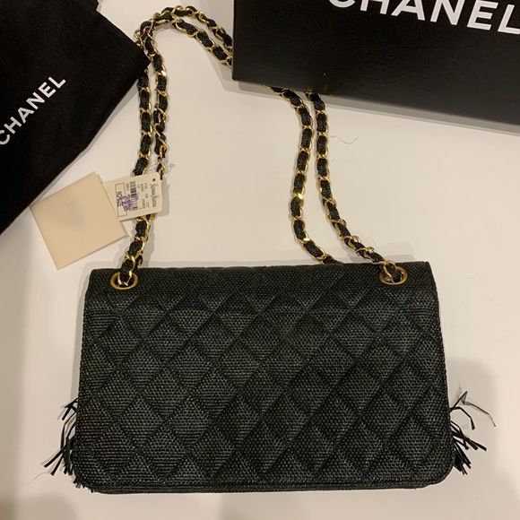 CHANEL 🖤 RARE Vintage Raffia Hemp Straw Quilted Flap Fringe Raw Edge Real Gold - Picture 7 of 16